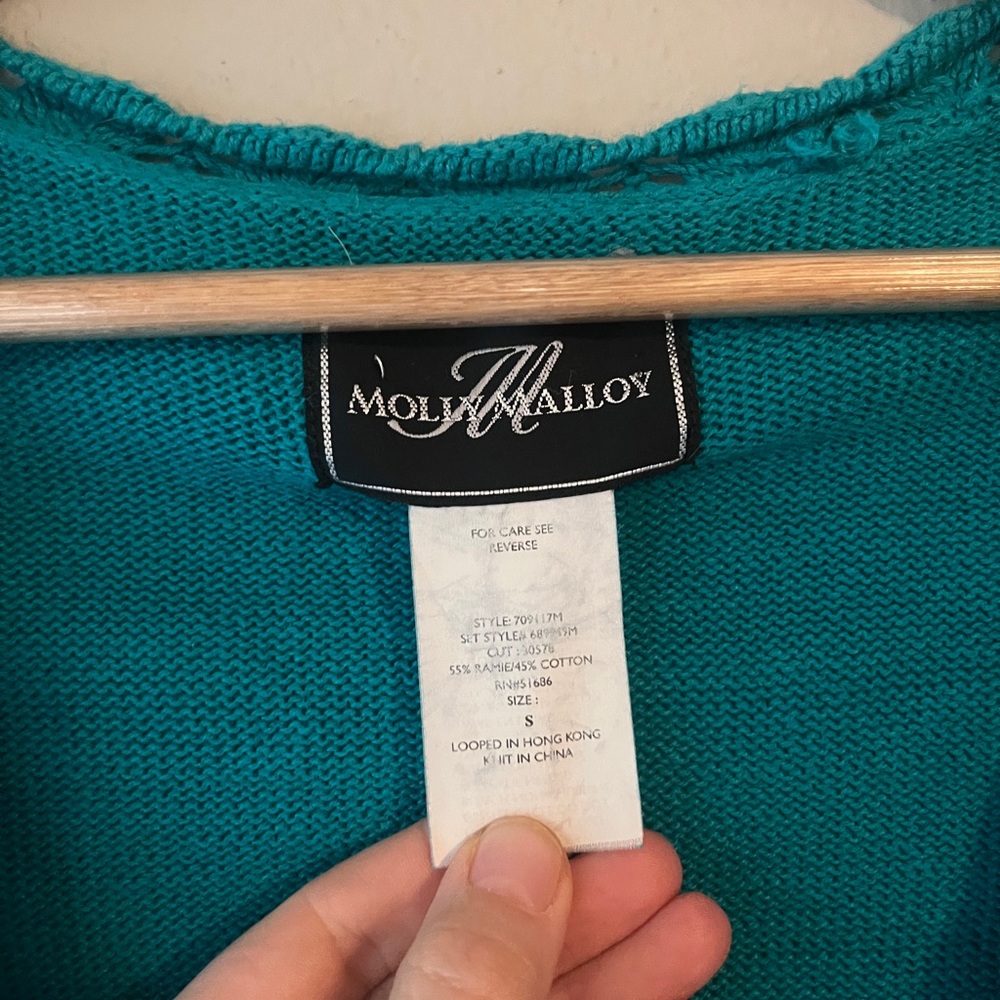 Vintage 90s Molly Malloy Teal Knit Cropped Cardigan Size Small - Picture 4 of 7